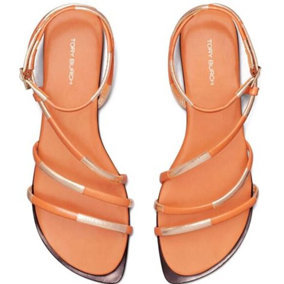 Tory Burch Split Mignon Multi Strap Flat Sandal in Orange and Gold - Picture 3 of 5